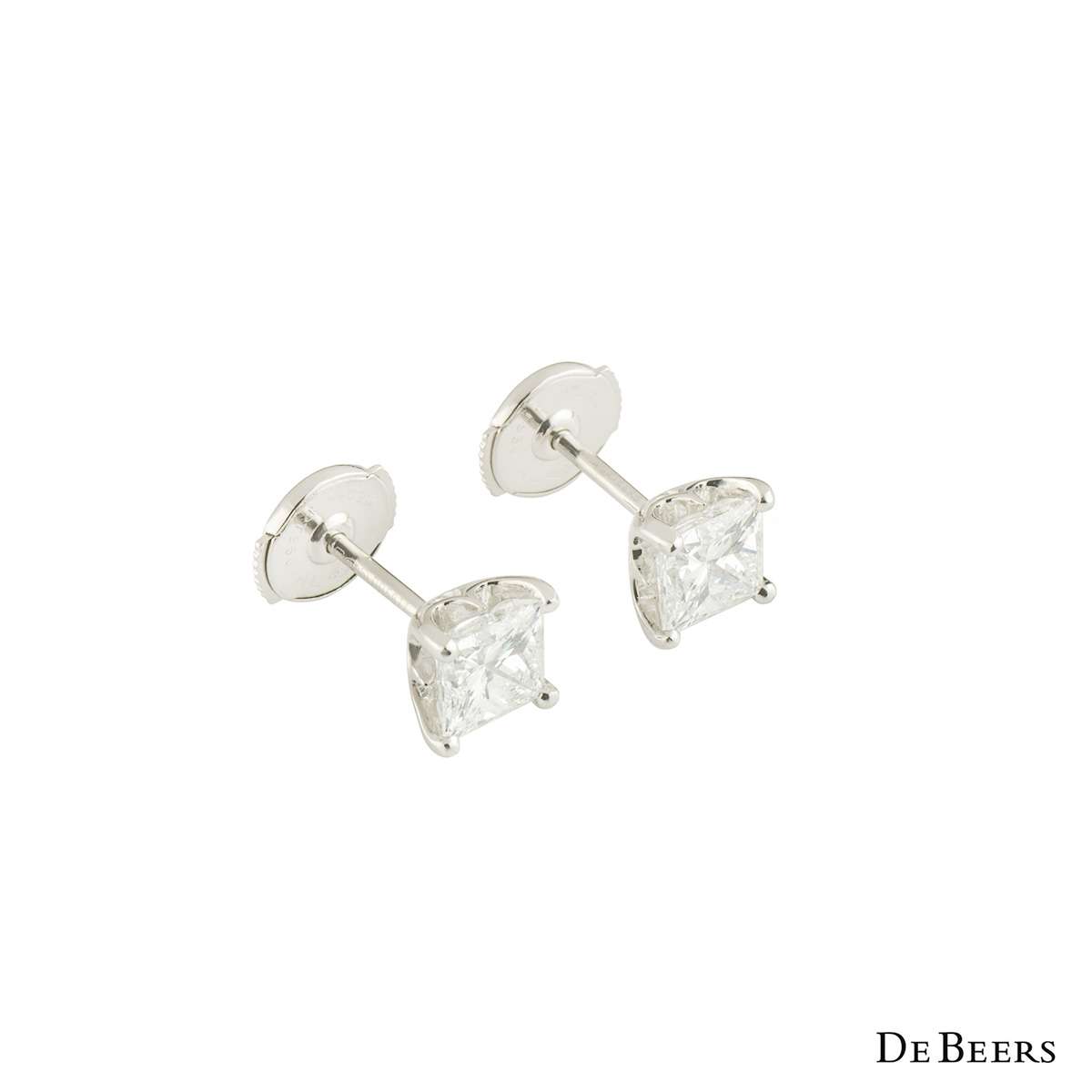 De Beers Diamond Platinum Princess Cut Earrings 2.04ct F/VVS1 | Rich ...
